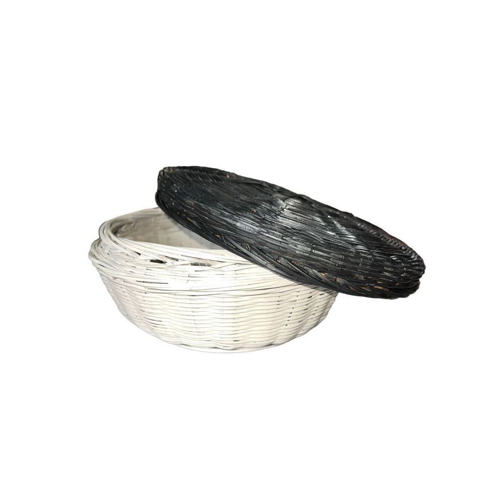 Vintage Black & White Wicker Basket with Lid Round Storage Sewing Box